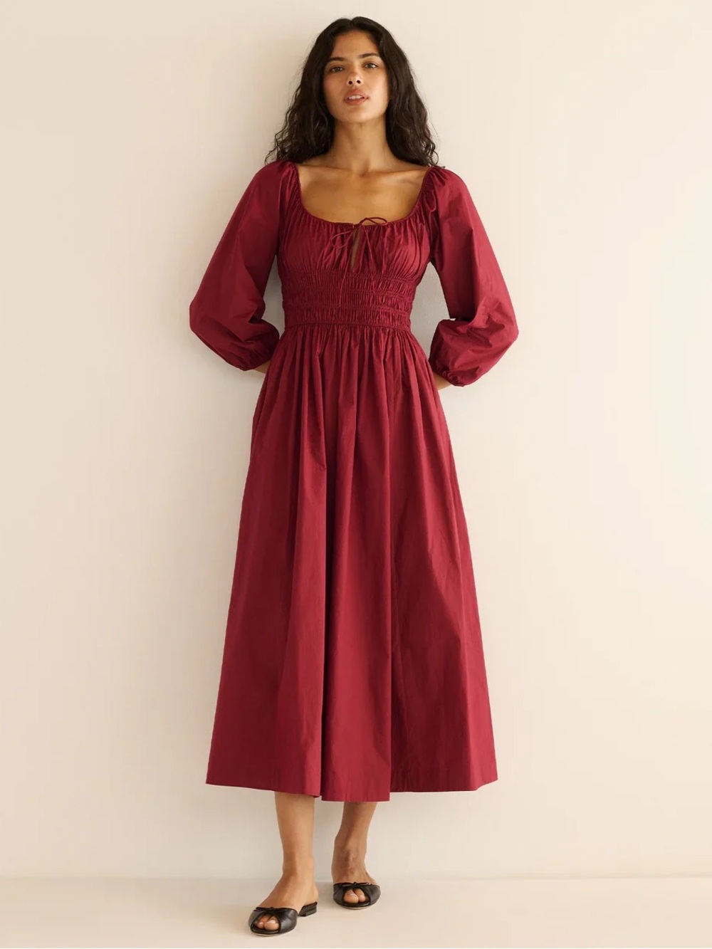 DOEN Quintessa tie-detailed shirred organicn cotton-poplin midi Dress Burgundy